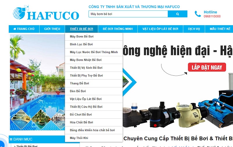 Sử dụng thanh menu chọn sản phẩm trên website thiết bị bể bơi Hafuco