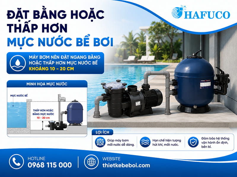 Đặt bằng hoặc thấp hơn mực nước bể bơi